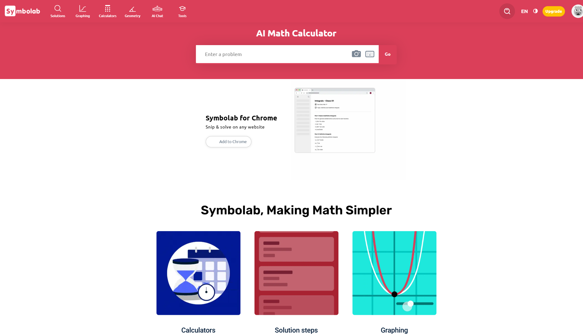 หน้าแรก Symbolab AI Math Calculator มีช่อง Enter a problem คีย์บอร์ดสัญลักษณ์ และปุ่มอัปโหลดรูป