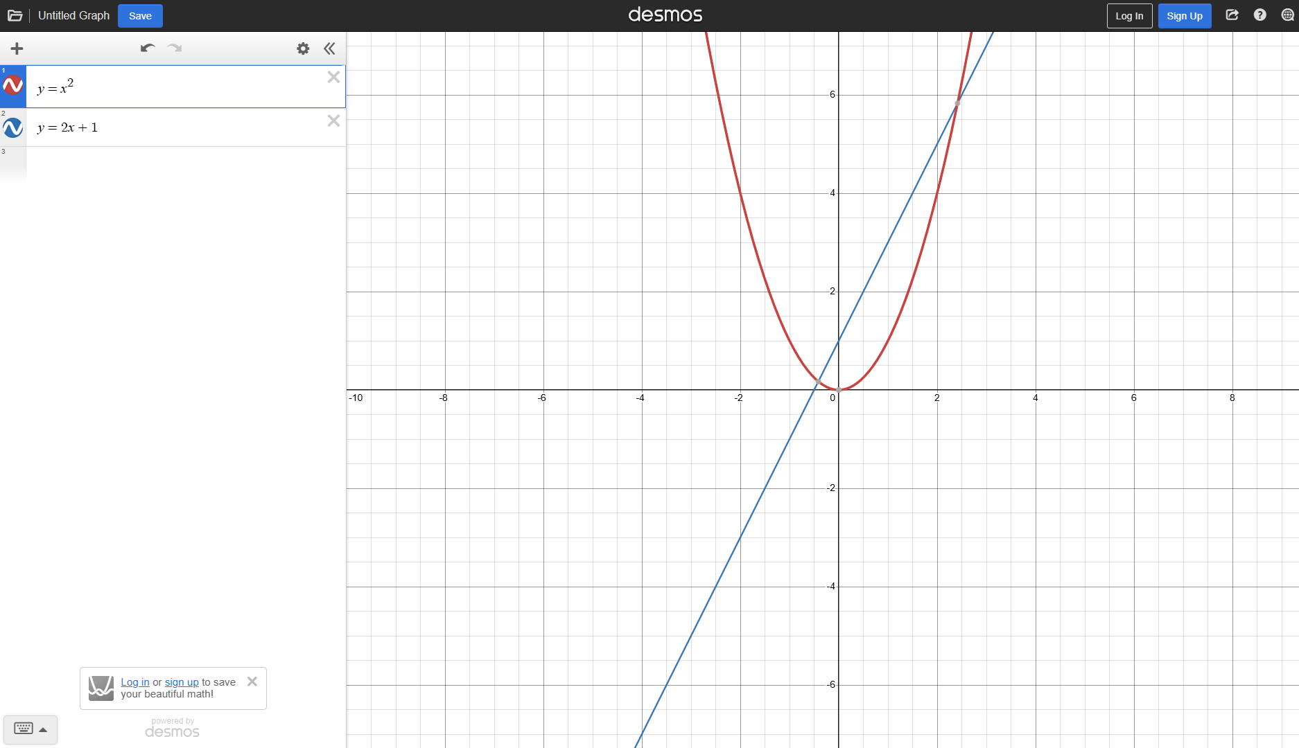 Desmos Graphing Calculator แสดงกราฟพาราโบลา y=x^2 และเส้นตรง y=2x+1